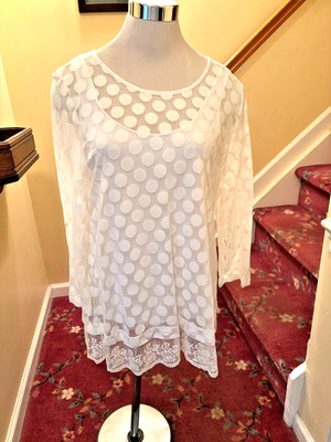 ALFANI Women's White Sheer Polka Dot Tunic with white tank top Size L EUC
