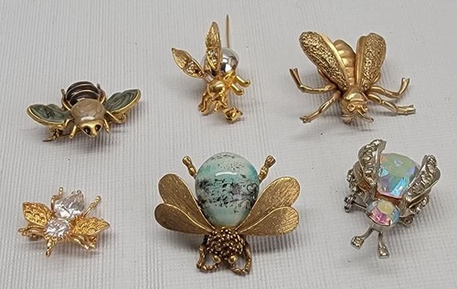 Six Bee Pin/Brooch Costume Jewelry Lot.  VINTAGE