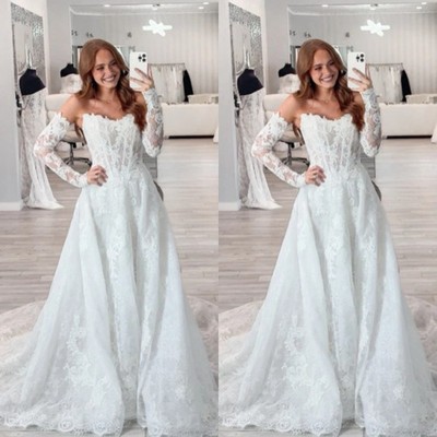 Wedding Dresses with Removable Sleeves A Line Beach Lace Applique Bridal Gowns