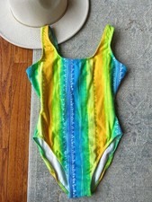 Vintage 90s Swimsuit Energy Zone Striped One Piece Neon Colored Low Back 9/10