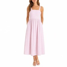 A New Day Pink White Striped Cotton Midi Dress Smocked Back Pockets M