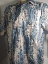 Vintage Go Barefoot Hawaiian Shirt Size XL Button Collar Tiki Pattern Blue White