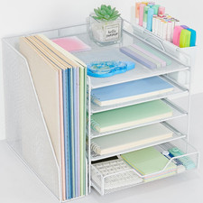 Desk Organizer, 5-Tier Paper Letter Tray Organizer with File Holder, Drawer and