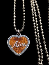 REVERSIBLE Aloha Heart Hawaii Koa Wood Silver Tone Pendant 20" Chain Necklace