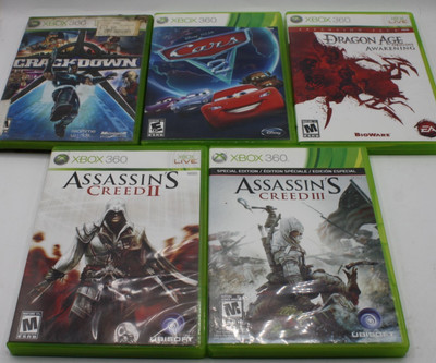 Xbox 360 Lot of 5 Games: Assassins Creed II & III, Cars 2, Dragon Age Awakening