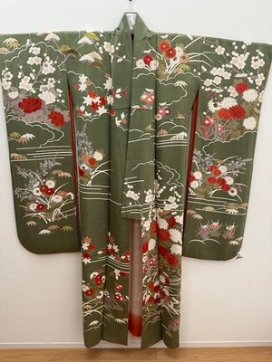 Japanese Kimono Long-Sleeved Dull Green For Ceremonies Heights 165cm