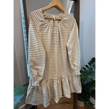 Rylee + Cru Striped Long Sleeve Henley Dress Drop Waist Size M Mini Tan Netutaln