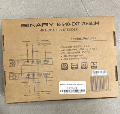 Binary B-540-EXT-70-SLIM 4K@60Hz HDBaseT Extender IR RS-232 EDID Slim