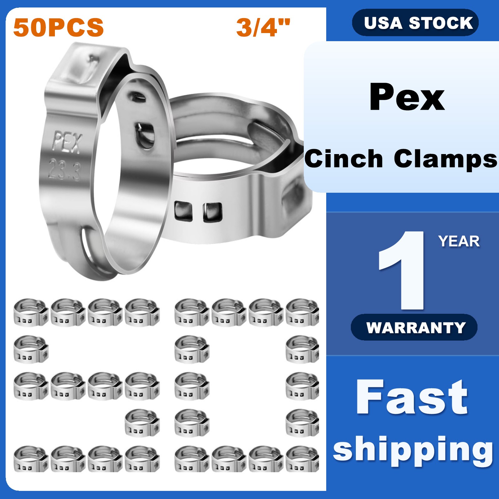 3/4 PEX Cinch Clamps 50 Pack Single Ear Hose Clamps Plumbing Fittings Crimp Tool