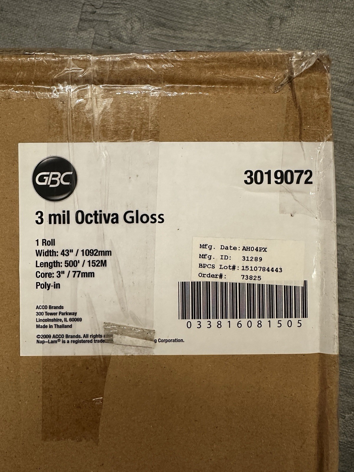 NEW GBC Octiva Gloss Thermal Laminating Film 43" x 500' 3 mil 3" Core 3019072