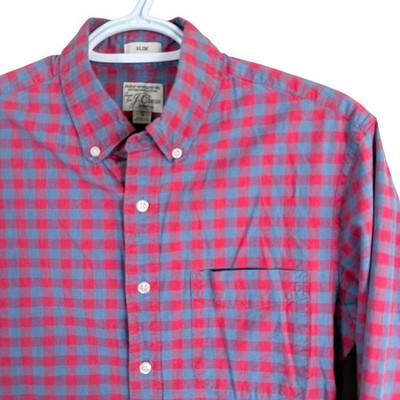 J Crew Slim Fit Secret Wash Stretch Shirt Button Down Mens S Red Blue Gingham