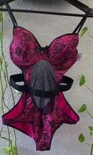 Fredericks of Hollywood Lace Teddy Bodysuit in vibrant pink and black size mediu