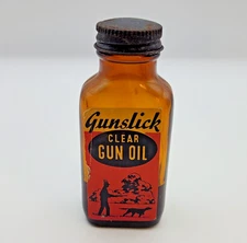Vtg GUNSLICK Clear Gun Oil Bottle Hunting Advertising Great Graphics EMPTY