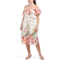 Raga Off The Shoulder Floral Print Dress Linen Viscose Belted Midi