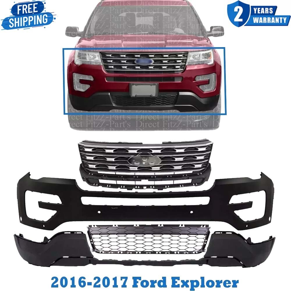 Front Bumper Cover Primed & Grille Assembly Kit For 2016-2017 Ford Explorer