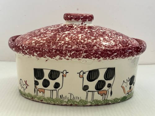 Molly Dallas Spatterware Cows Horses Farm Red Spongeware Covered Dish Tureen 10" - Picture 4 of 8