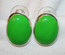 Handsome Domed Oval Grass Green Silvertone PIERCED Earrings