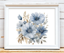 Floral Wall Art Print, Blue Foral Wall Art Decor, Botanical Wall Art Print