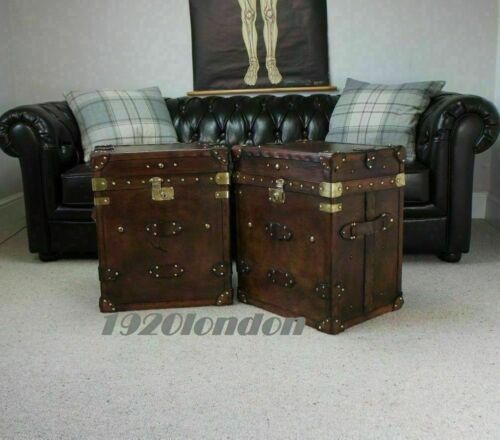 Pair Of Finest English Leather Antique Inspired Side Table Trunks Halloween Gift