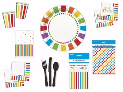 Regenbogen Geburtstag Party Set Teller Servietten Tassen Tischdecke Partytaschen Einladungen