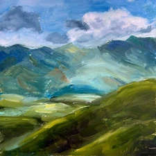 Oil Painting ORIGINAL Landscape Art Mountains Artwork Green Hills 6x6 by Muura