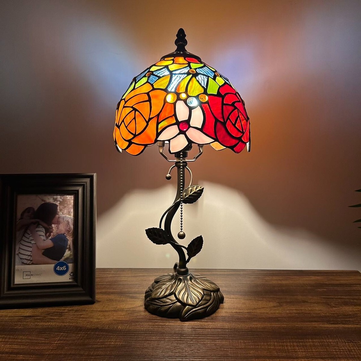 Tiffany Style Table Lamp Red Orange Stained Glass Rose Flowers 8