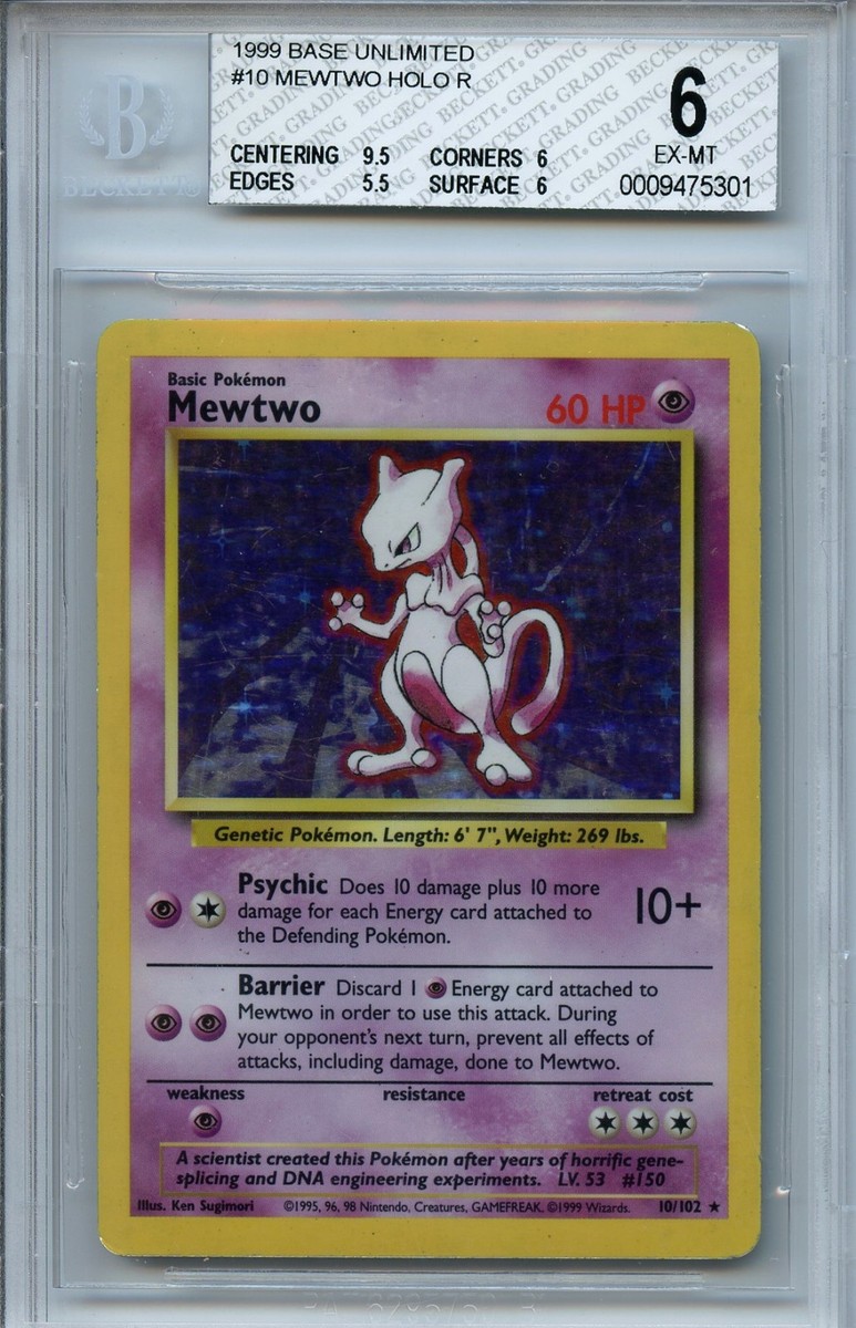 Mewtwo #10 Pokemon Base Unlimited Variant BGS 6 EX-MT+ Holo Mewtwo #10 Pokemon Base Unlimited Variant BGS 6 EX-MT+ Holo