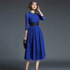 Midi Swing Dress Lace Long Sleeve High Waist Hollow Workwear Dress Business