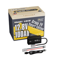 Power Queen 12V 100Ah Bluetooth Group 24 LiFePO4 Battery with 14.6V 10A Charger