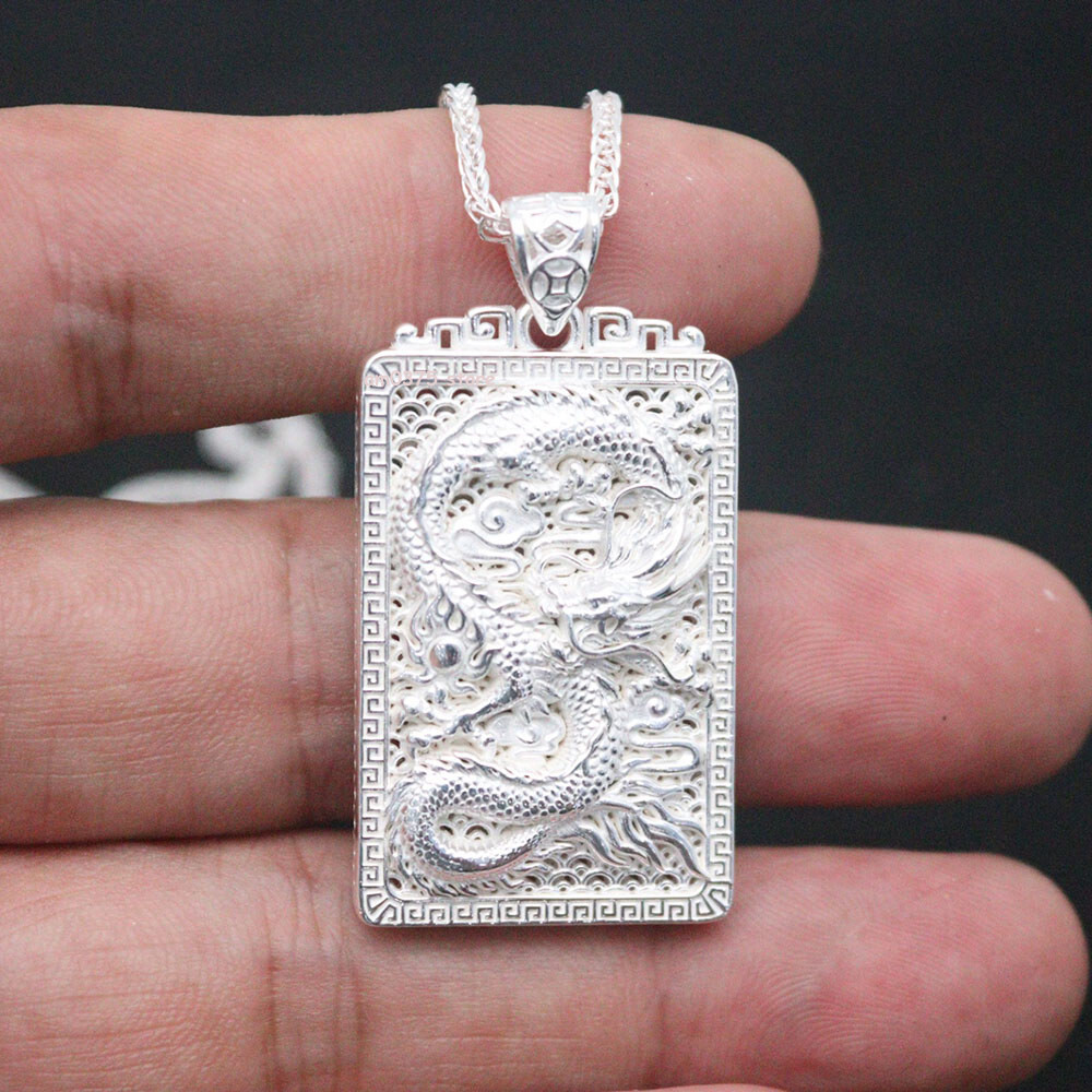 Colgante de plata fina pura 999 para mujer hombre Zoidac rectángulo dragón colgante 42*23 mm