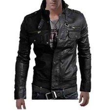 Men Stand Collar Leather Jacket, Black Jacket  s Biker Leather Jackets