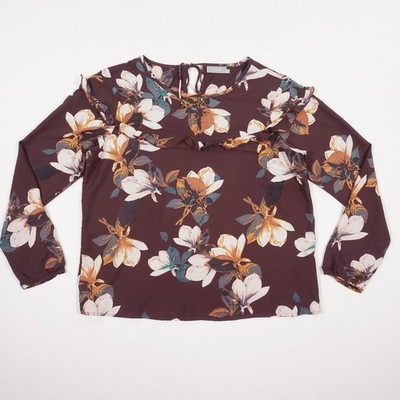 fransa Damen Bluse Gr. XL Mehrfarbig Viskose Blumenmuster Langarm Rüschen Elegan