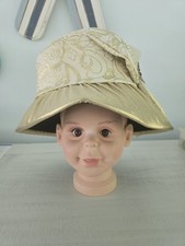 Donna Vinci Couture Gold Ivory Church Hat Wide Brim Dress Hat Rhinestone Accen
