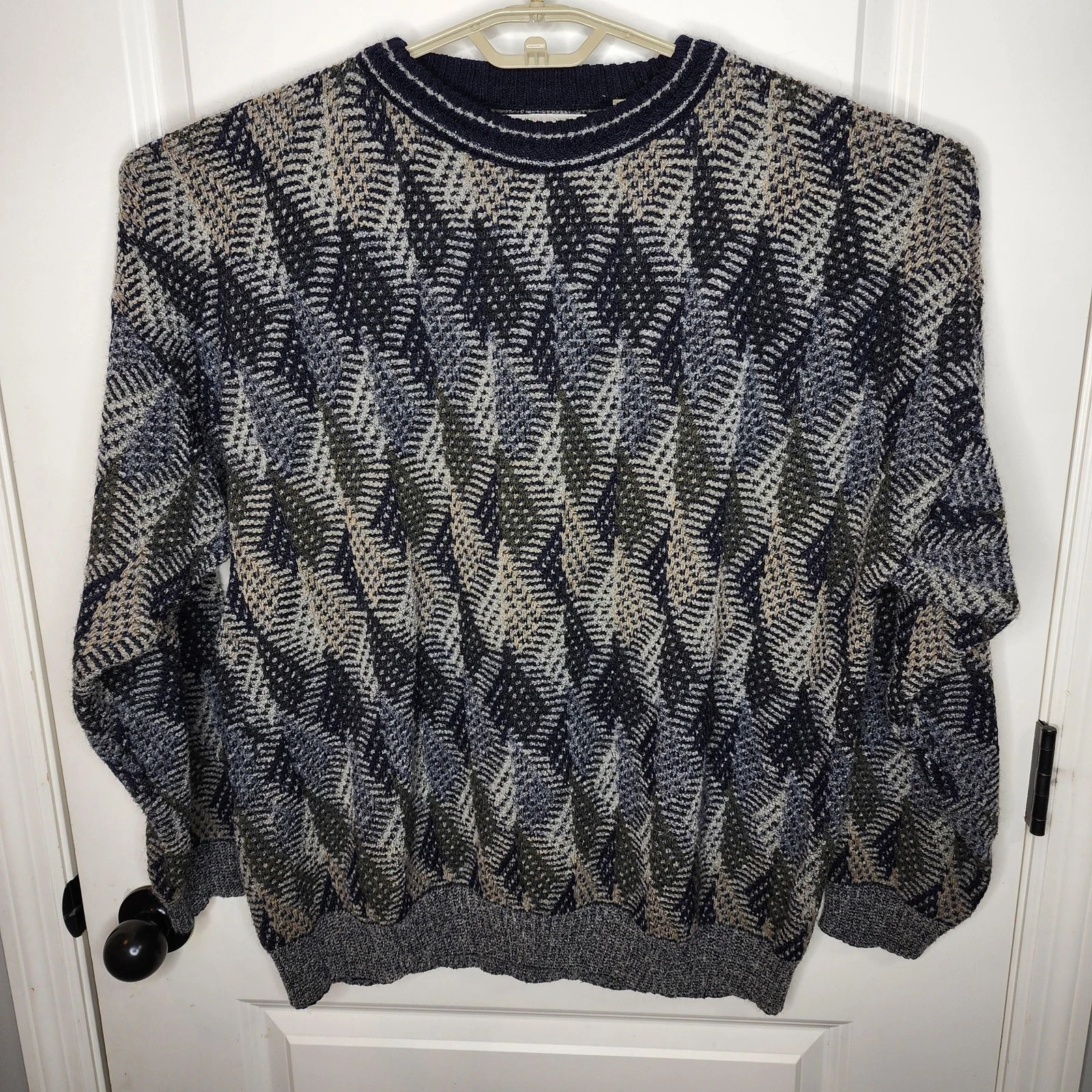 Vintage City Casuals Sweater Mens XL Blue Wool Blend Made Italy Geometric 90s
