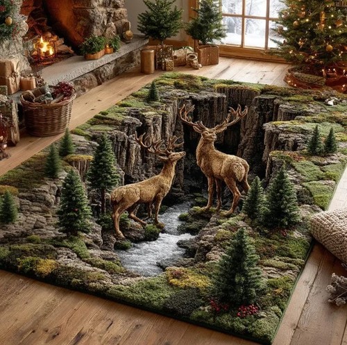 Cedar Deer Area Rug – 3D Woodland Stag Carpet, Rustic Forest Cabin ...