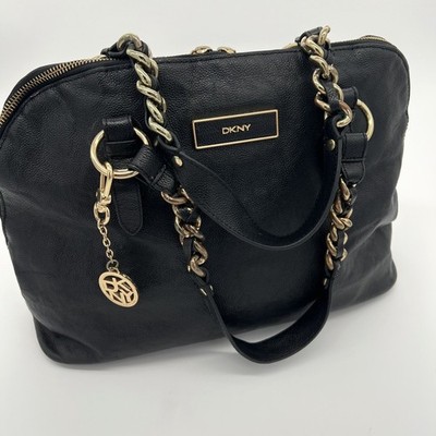 DKNY Black Pebbled Leather Slouchy Satchel Bag w/Gold Chain Handles & Charm