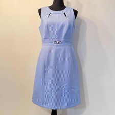 Tahari Women’s 6 Blue White Sleeveless Midi Dress Zipper Neck Cut Gold Faux Belt