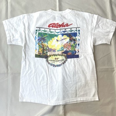 Aloha Airlines Vintage Shirt Sz Large White 50th Anniversary Single Stitch