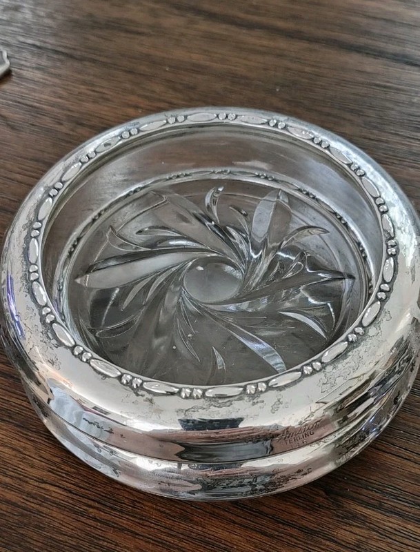 2-Vintage Sterling Silver Amston Cut Glass Crystal Coaster 1930-40