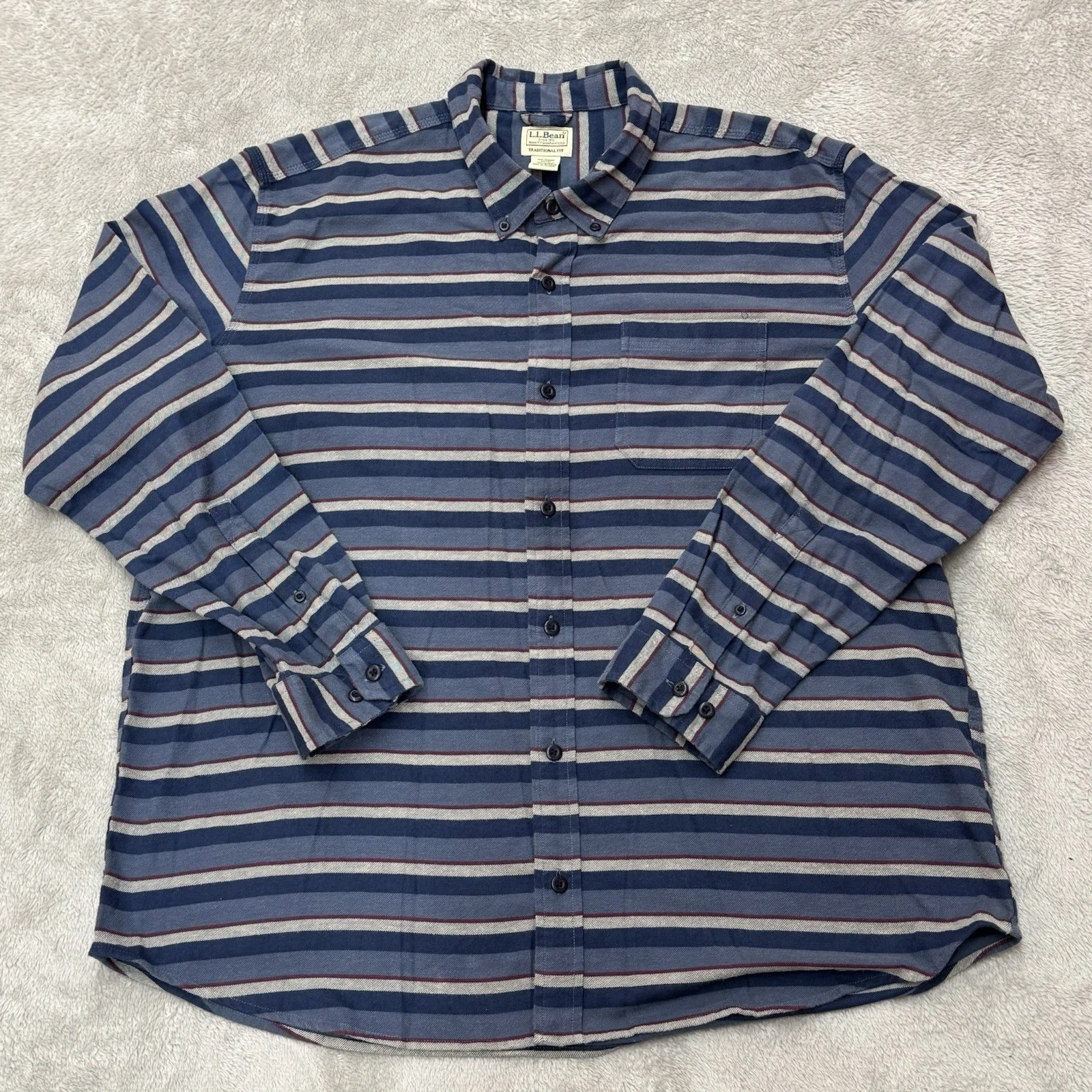 LL Bean Shirt Mens XL Blue Striped Flannel Organic Cotton Blend Performance