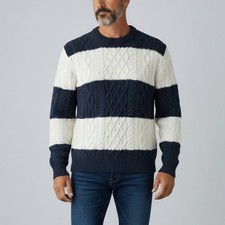 J Crew Men  s Striped fisherman crewneck sweater Navy Blue White 100 Cotton S