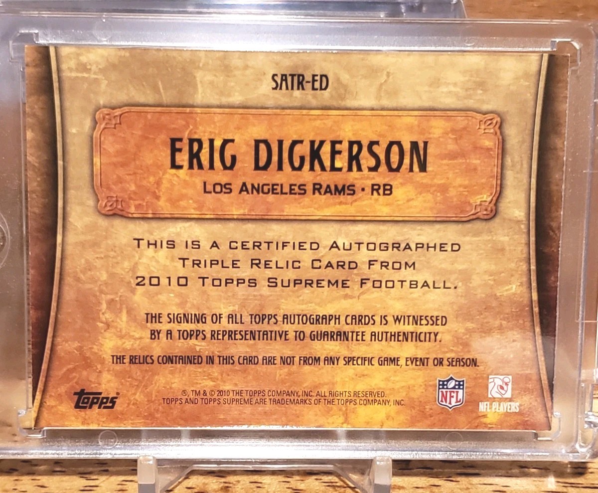 2010 Topps Supreme Eric Dickerson TRIPLE GAME-USED Patch Auto Autograph /10 view 5