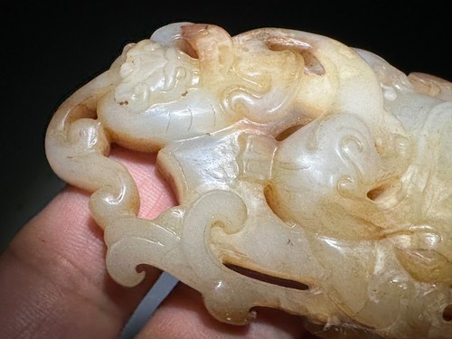 Rare Han Dy Old Jade Carved Dragon Phoenix Design "Ji Xin Pei" Pendant L 8.0 cm - Picture 14 of 24