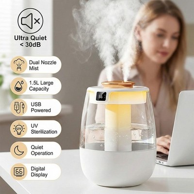 1.5L bedroom humidifier dual-nozzle digital display humidifier LED light adjusta