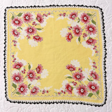 Vintage Hankie Handkerchief with Yellow Floral Design Crocheted Edge