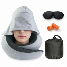 Travel Neck Pillow Hooded Memory Foam for Airplane Sleeping, Travel Pillow ...