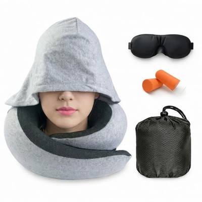 Travel Neck Pillow Hooded Memory Foam for Airplane & Sleeping, Travel Pillow ...
