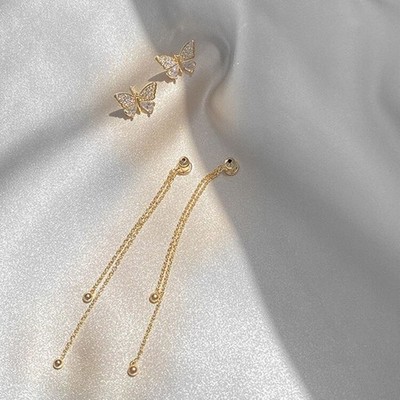 Butterfly Stud Earrings Set with Sparkling Crystals and Flowing Tassels