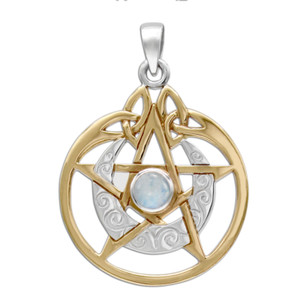 Authentic Sterling Silver Gold Plated Crescent Moon Pentacle Pentagram Pendant Moonstone