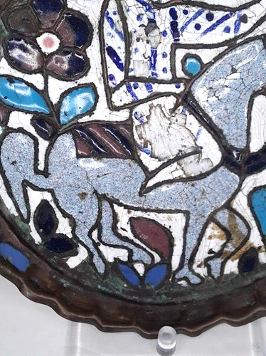 Rare Syrian Islamic saint on Horseback Cuerda Seca Enamel Tray - Picture 3 of 9